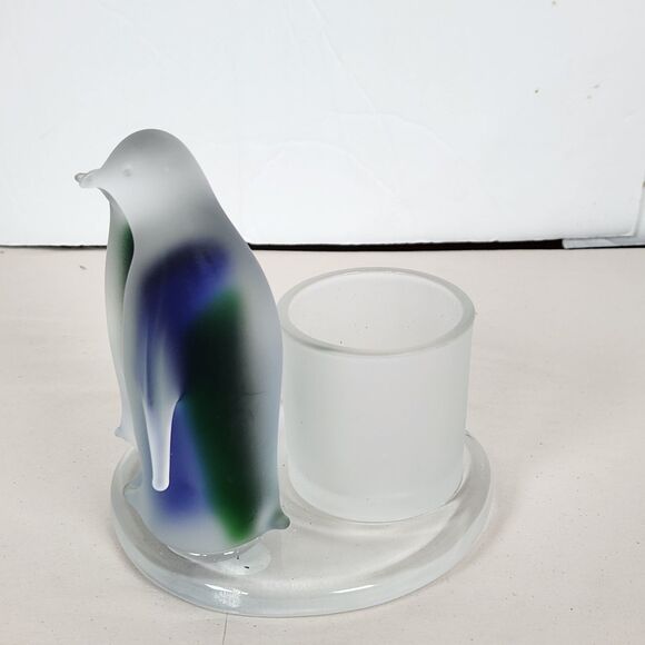 PartyLite Penguin Candle Holder P7196 Frosted Glass Votive Blue Green 5in - Picture 2 of 8